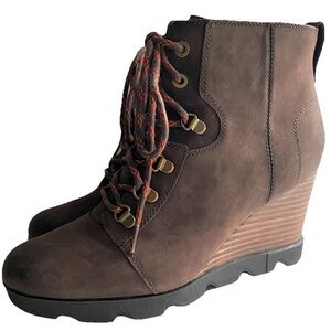 Sorel Joan Uptown Brown Leather Lace Up Wedge Booties Shoes - US 11